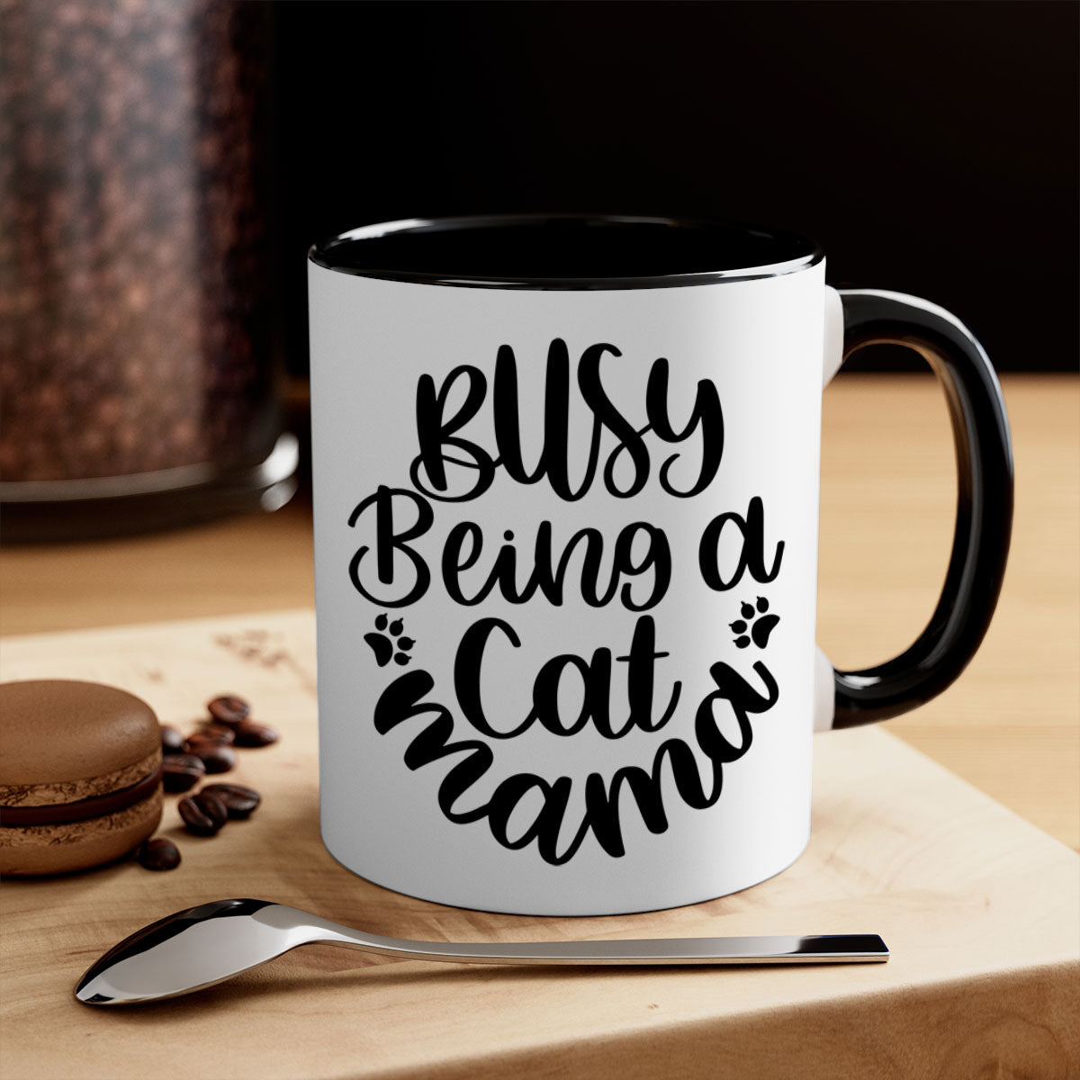 Busy Being A Cat Mama Mug with colorful handle and interior, showcasing a glossy finish and stylish design.