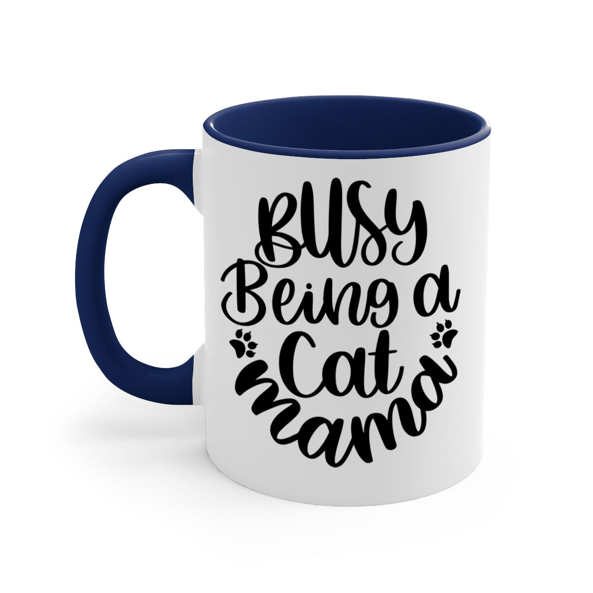 Busy Being A Cat Mama Mug with colorful handle and interior, showcasing a glossy finish and stylish design.