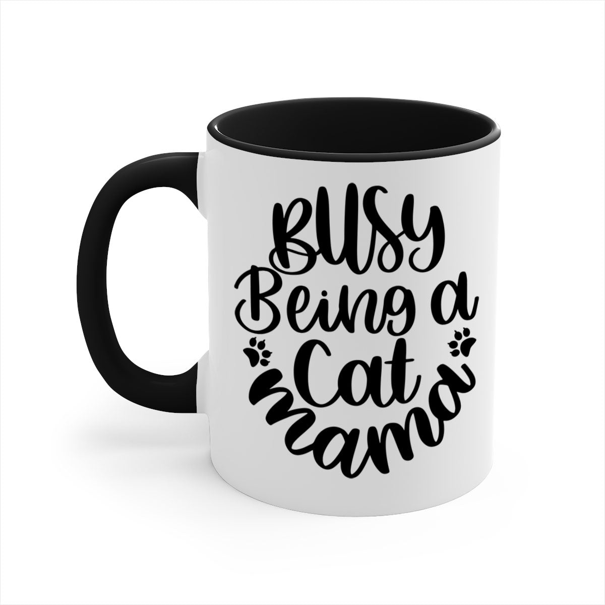 Busy Being A Cat Mama Mug with colorful handle and interior, showcasing a glossy finish and stylish design.