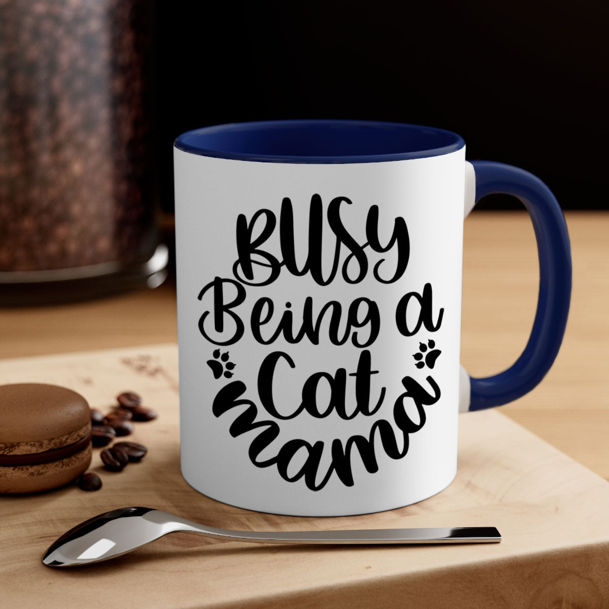 Busy Being A Cat Mama Mug with colorful handle and interior, showcasing a glossy finish and stylish design.