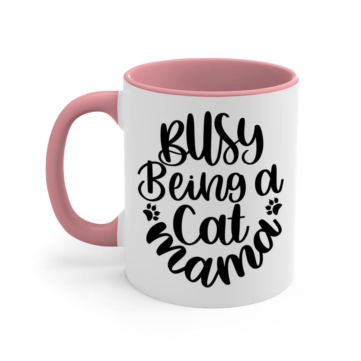 Busy Being A Cat Mama Mug with colorful handle and interior, showcasing a glossy finish and stylish design.