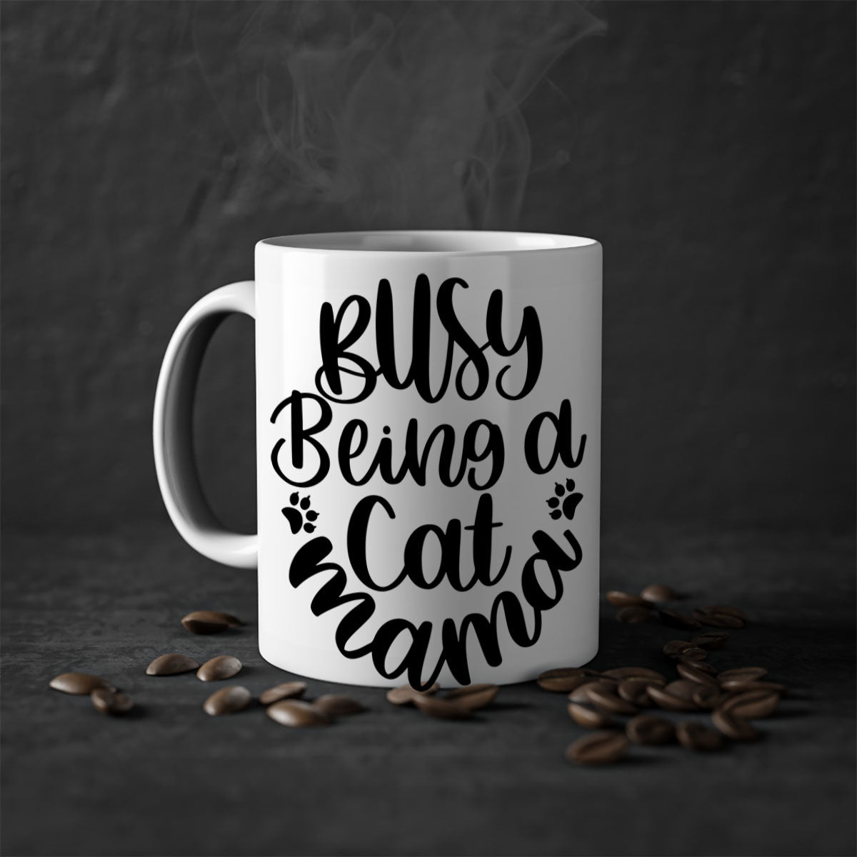 Busy Being A Cat Mama Mug with colorful handle and interior, showcasing a glossy finish and stylish design.