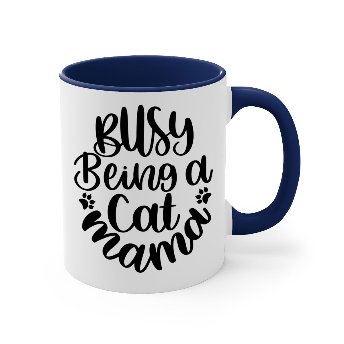 Busy Being A Cat Mama Mug with colorful handle and interior, showcasing a glossy finish and stylish design.