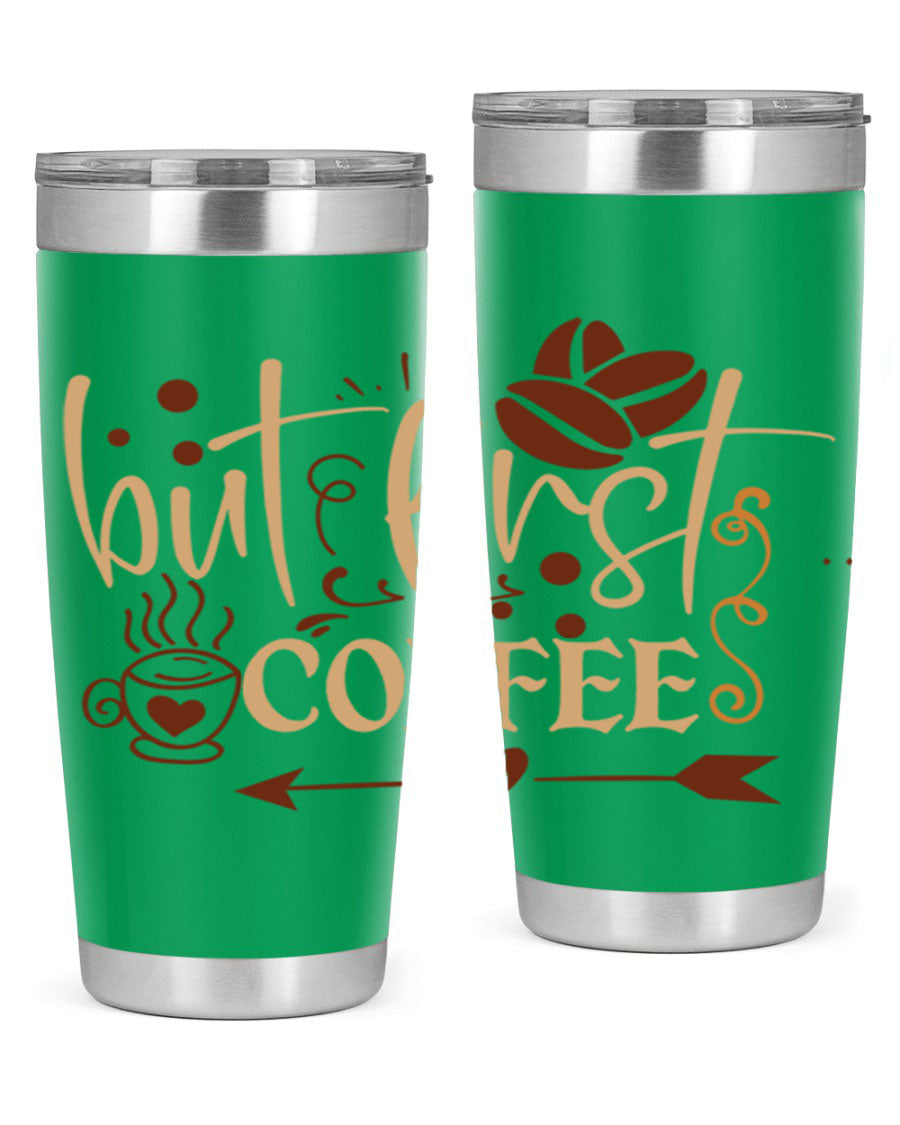 But First Coffee 20oz Tumbler made of stainless steel with a copper lining, featuring a drink-thru lid and stylish design.