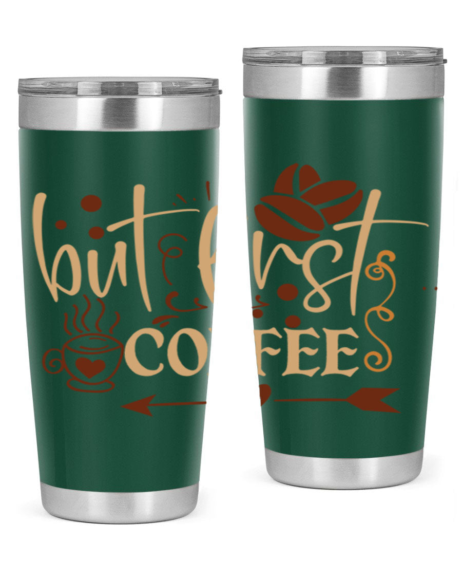 But First Coffee 20oz Tumbler made of stainless steel with a copper lining, featuring a drink-thru lid and stylish design.