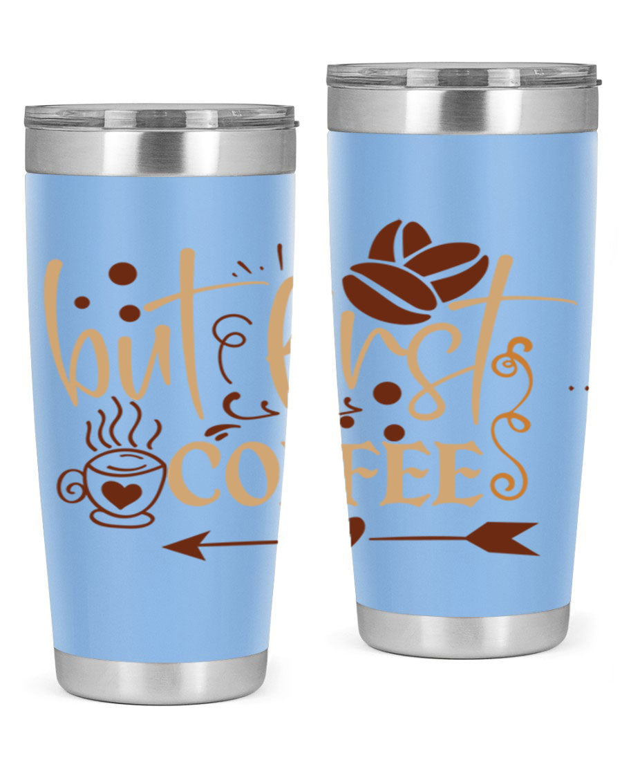 But First Coffee 20oz Tumbler made of stainless steel with a copper lining, featuring a drink-thru lid and stylish design.