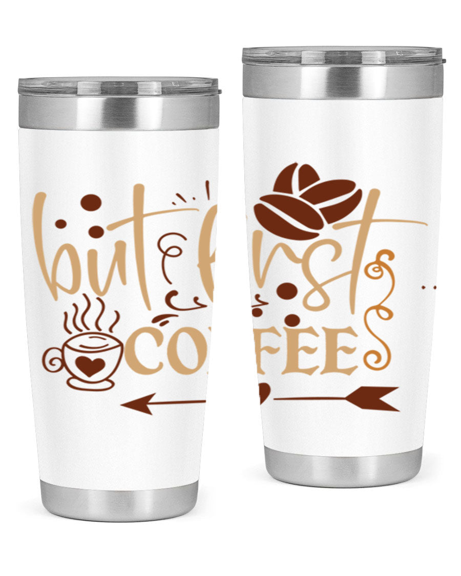 But First Coffee 20oz Tumbler made of stainless steel with a copper lining, featuring a drink-thru lid and stylish design.