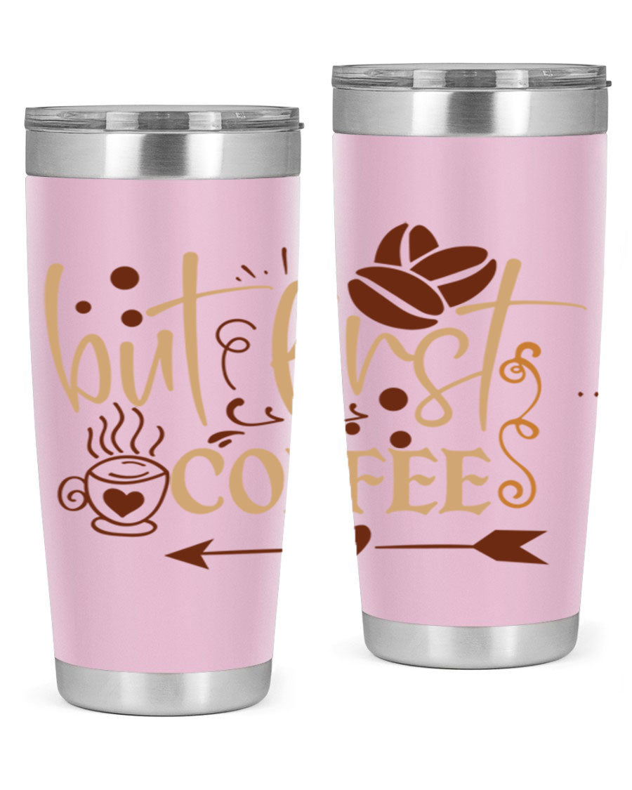 But First Coffee 20oz Tumbler made of stainless steel with a copper lining, featuring a drink-thru lid and stylish design.