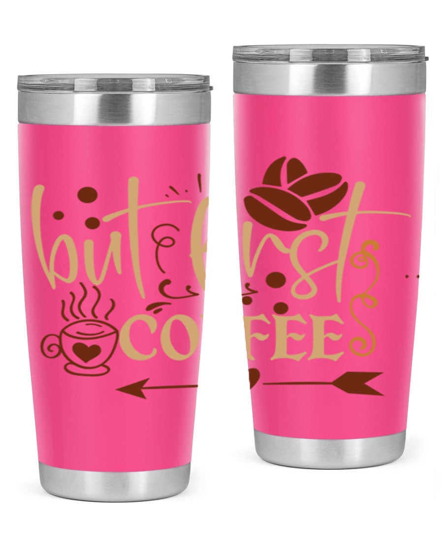 But First Coffee 20oz Tumbler made of stainless steel with a copper lining, featuring a drink-thru lid and stylish design.