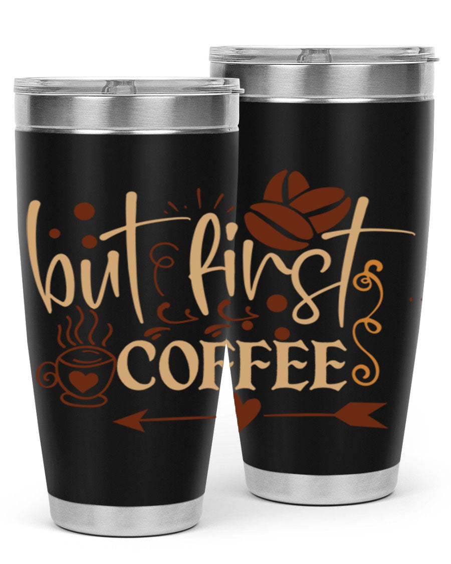 But First Coffee 20oz Tumbler made of stainless steel with a copper lining, featuring a drink-thru lid and stylish design.