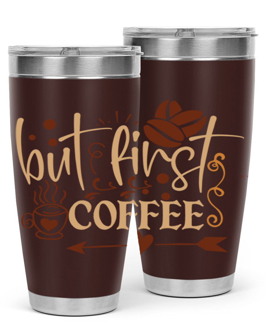 But First Coffee 20oz Tumbler made of stainless steel with a copper lining, featuring a drink-thru lid and stylish design.