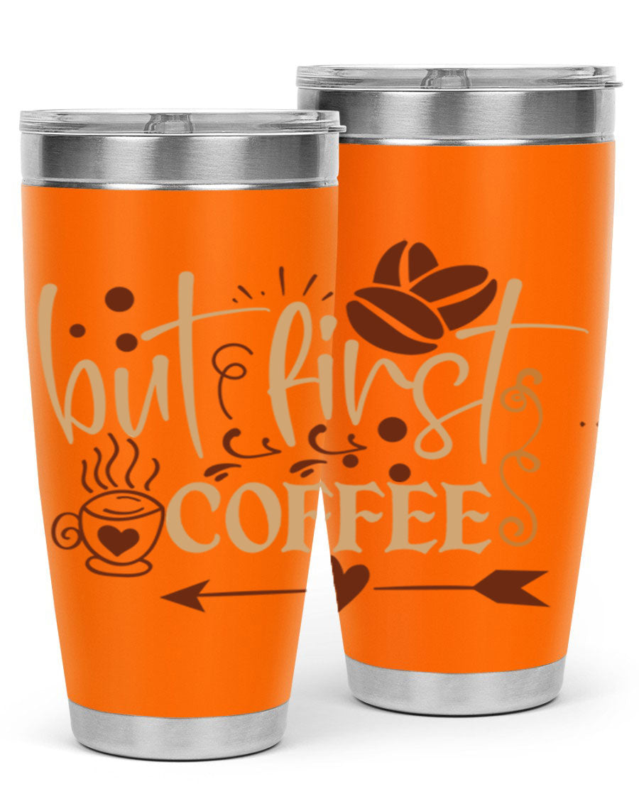 But First Coffee 20oz Tumbler made of stainless steel with a copper lining, featuring a drink-thru lid and stylish design.