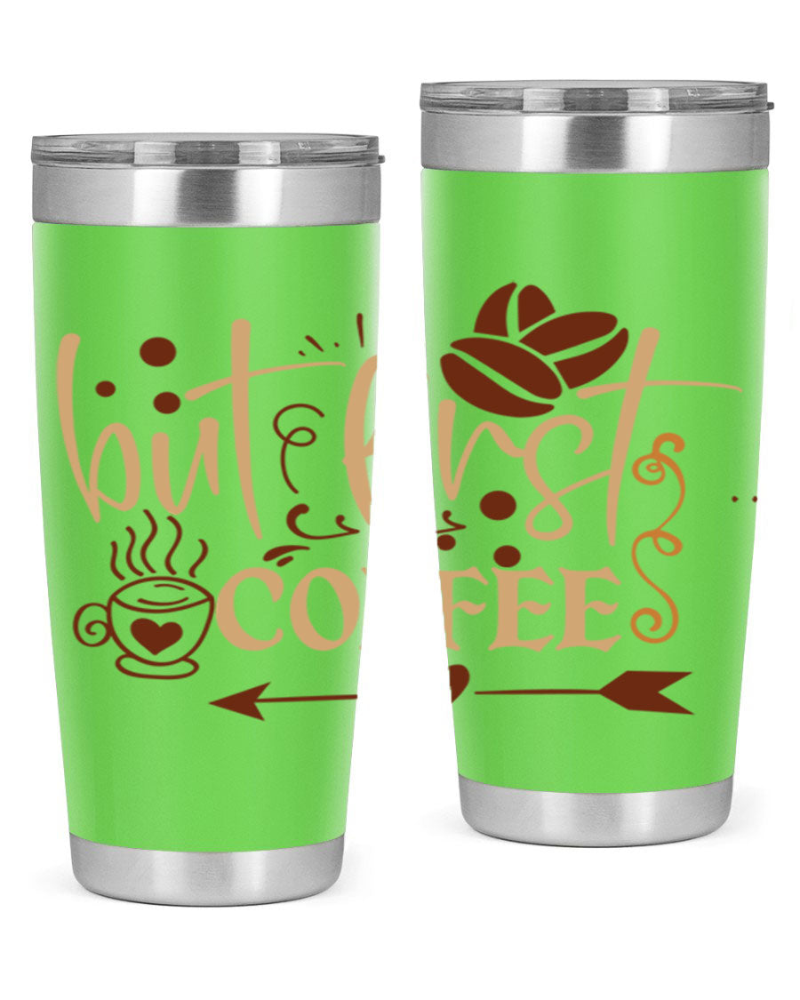 But First Coffee 20oz Tumbler made of stainless steel with a copper lining, featuring a drink-thru lid and stylish design.