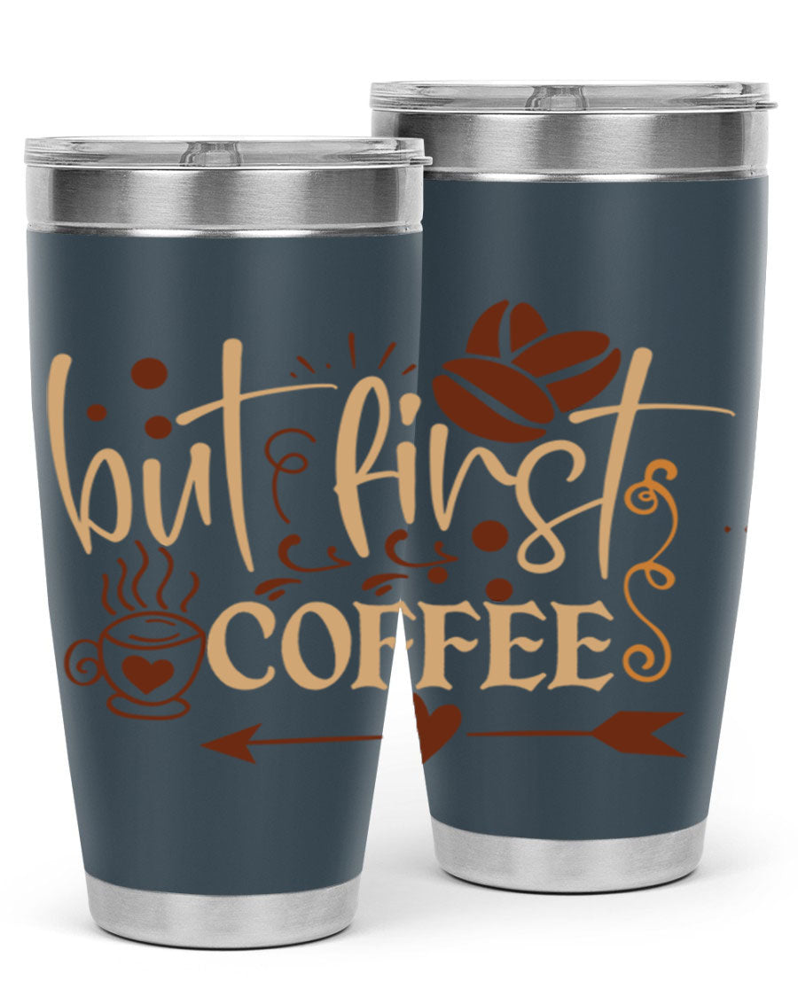 But First Coffee 20oz Tumbler made of stainless steel with a copper lining, featuring a drink-thru lid and stylish design.