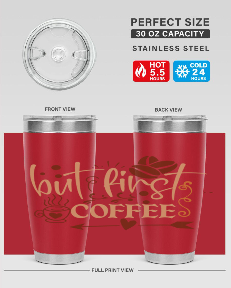 But First Coffee 20oz Tumbler made of stainless steel with a copper lining, featuring a drink-thru lid and stylish design.