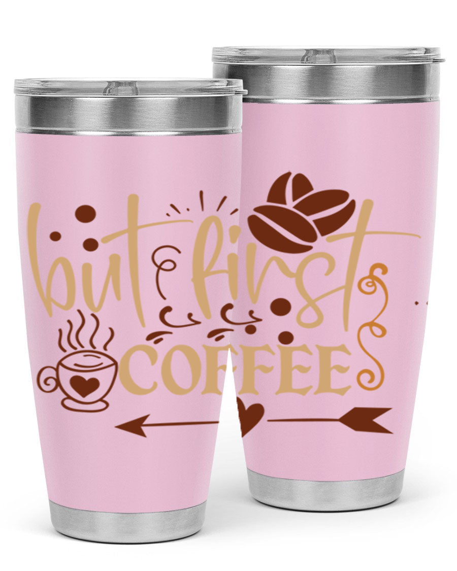 But First Coffee 20oz Tumbler made of stainless steel with a copper lining, featuring a drink-thru lid and stylish design.