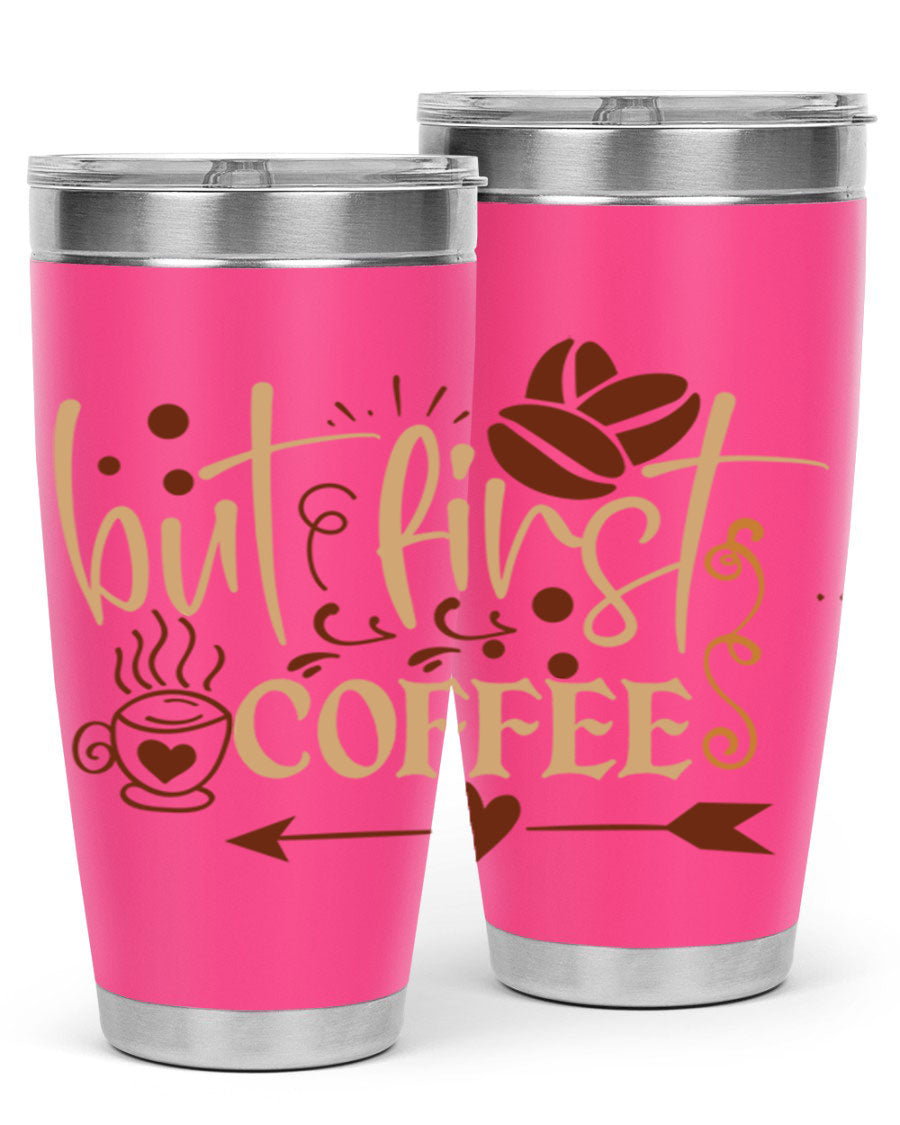 But First Coffee 20oz Tumbler made of stainless steel with a copper lining, featuring a drink-thru lid and stylish design.