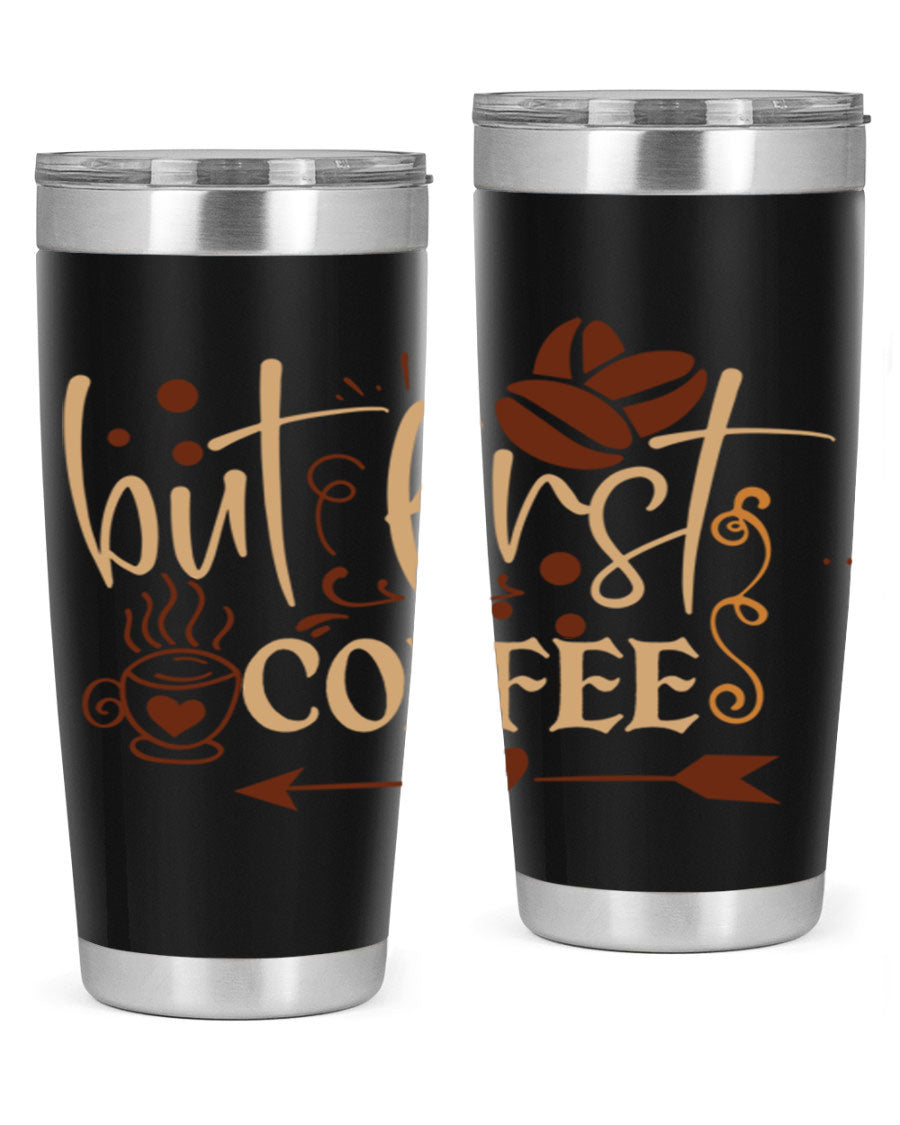 But First Coffee 20oz Tumbler made of stainless steel with a copper lining, featuring a drink-thru lid and stylish design.