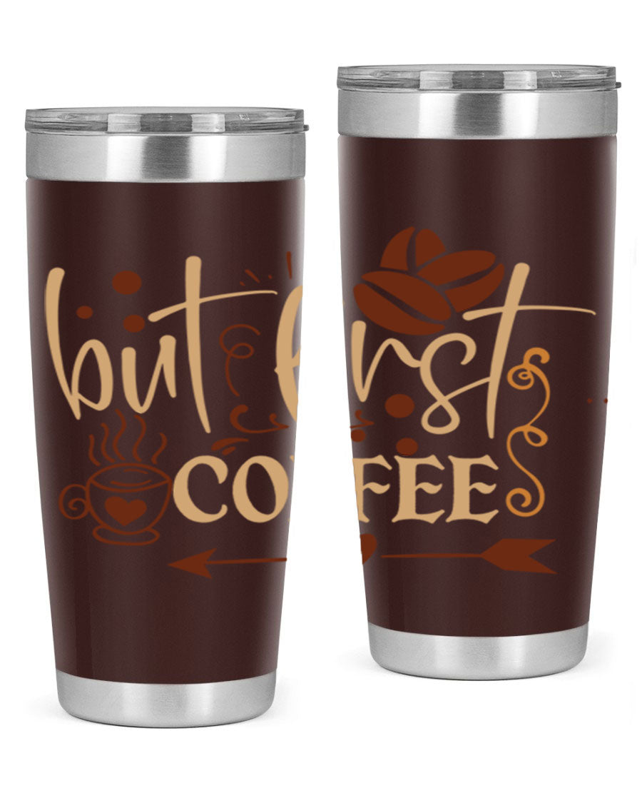 But First Coffee 20oz Tumbler made of stainless steel with a copper lining, featuring a drink-thru lid and stylish design.