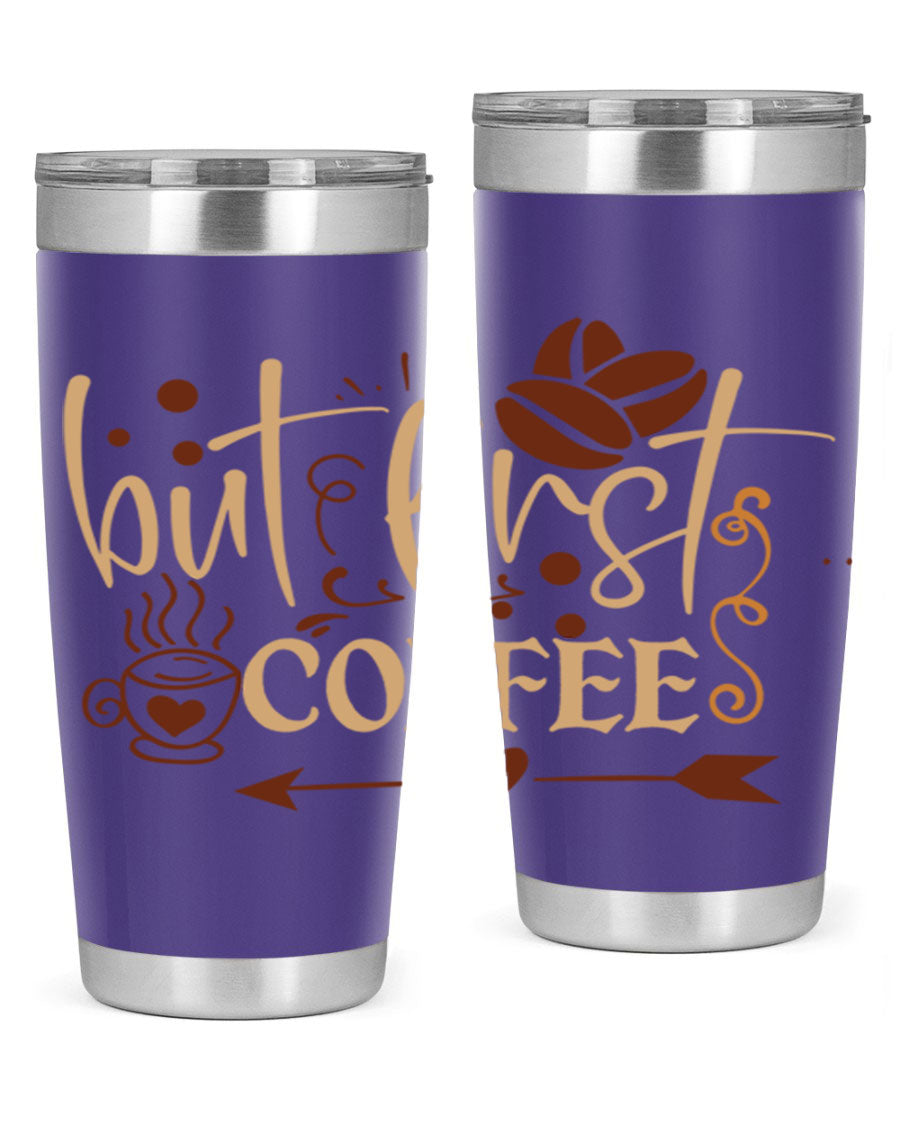 But First Coffee 20oz Tumbler made of stainless steel with a copper lining, featuring a drink-thru lid and stylish design.