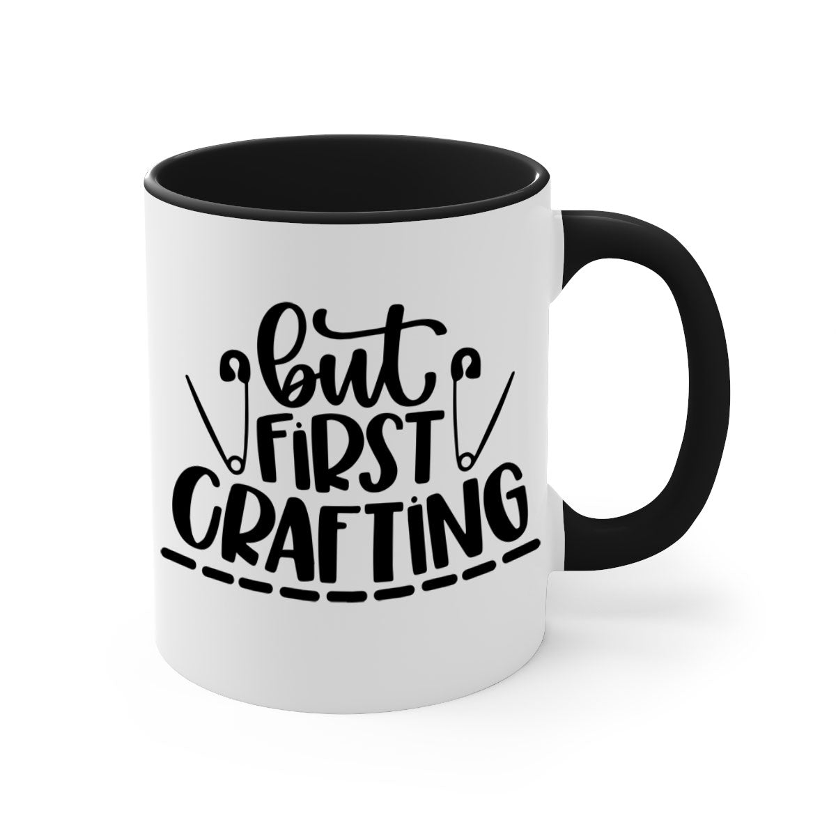 But First Crafting Mug featuring a two-tone design with a colored handle and glossy finish, available in multiple colors.