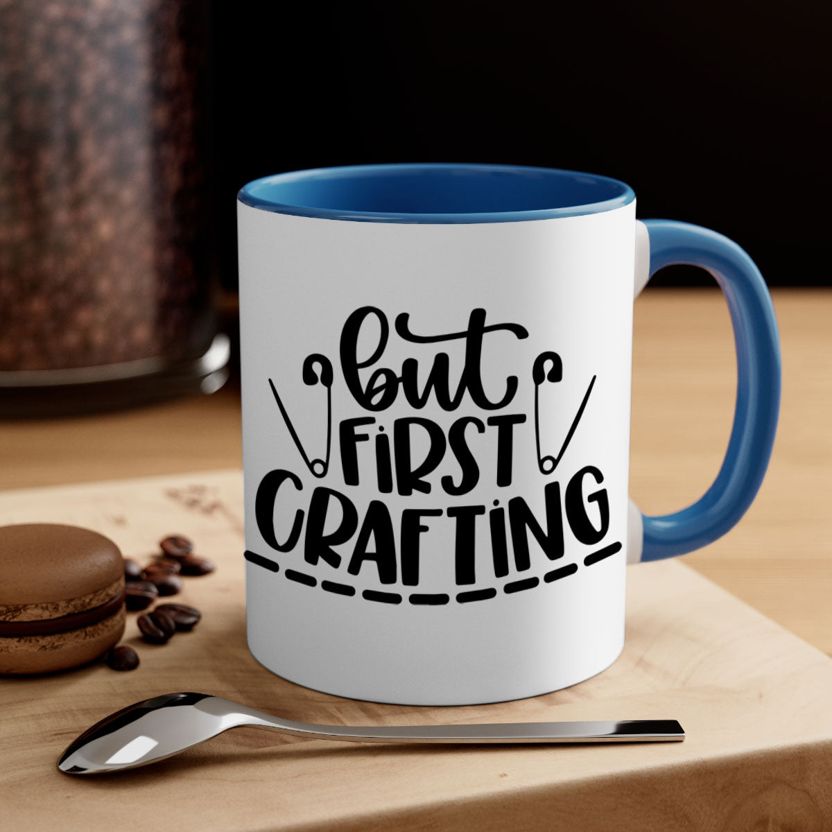 But First Crafting Mug featuring a two-tone design with a colored handle and glossy finish, available in multiple colors.