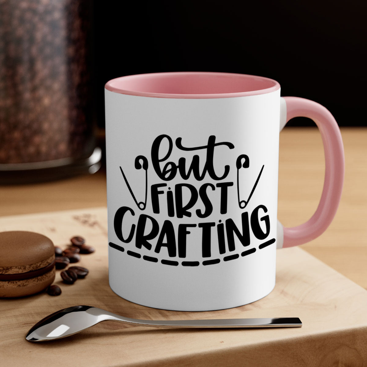 But First Crafting Mug featuring a two-tone design with a colored handle and glossy finish, available in multiple colors.