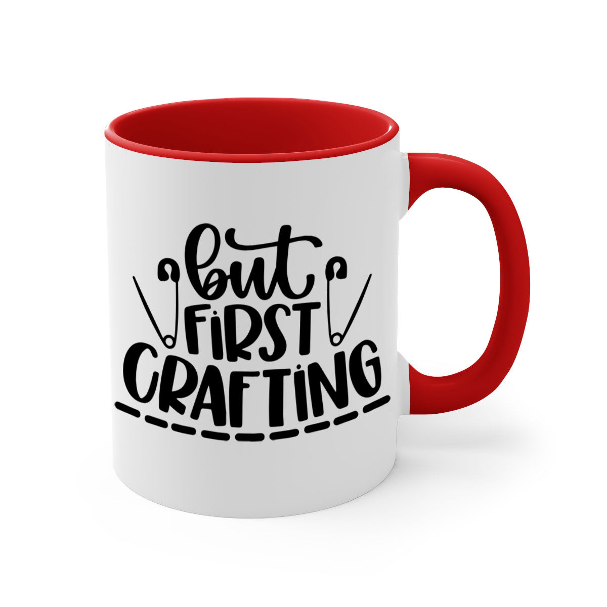 But First Crafting Mug featuring a two-tone design with a colored handle and glossy finish, available in multiple colors.