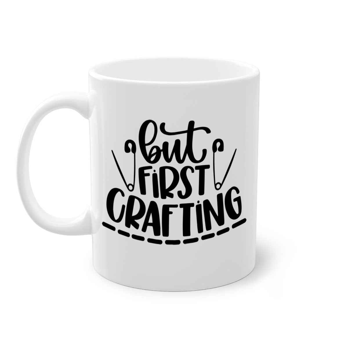 But First Crafting Mug featuring a two-tone design with a colored handle and glossy finish, available in multiple colors.