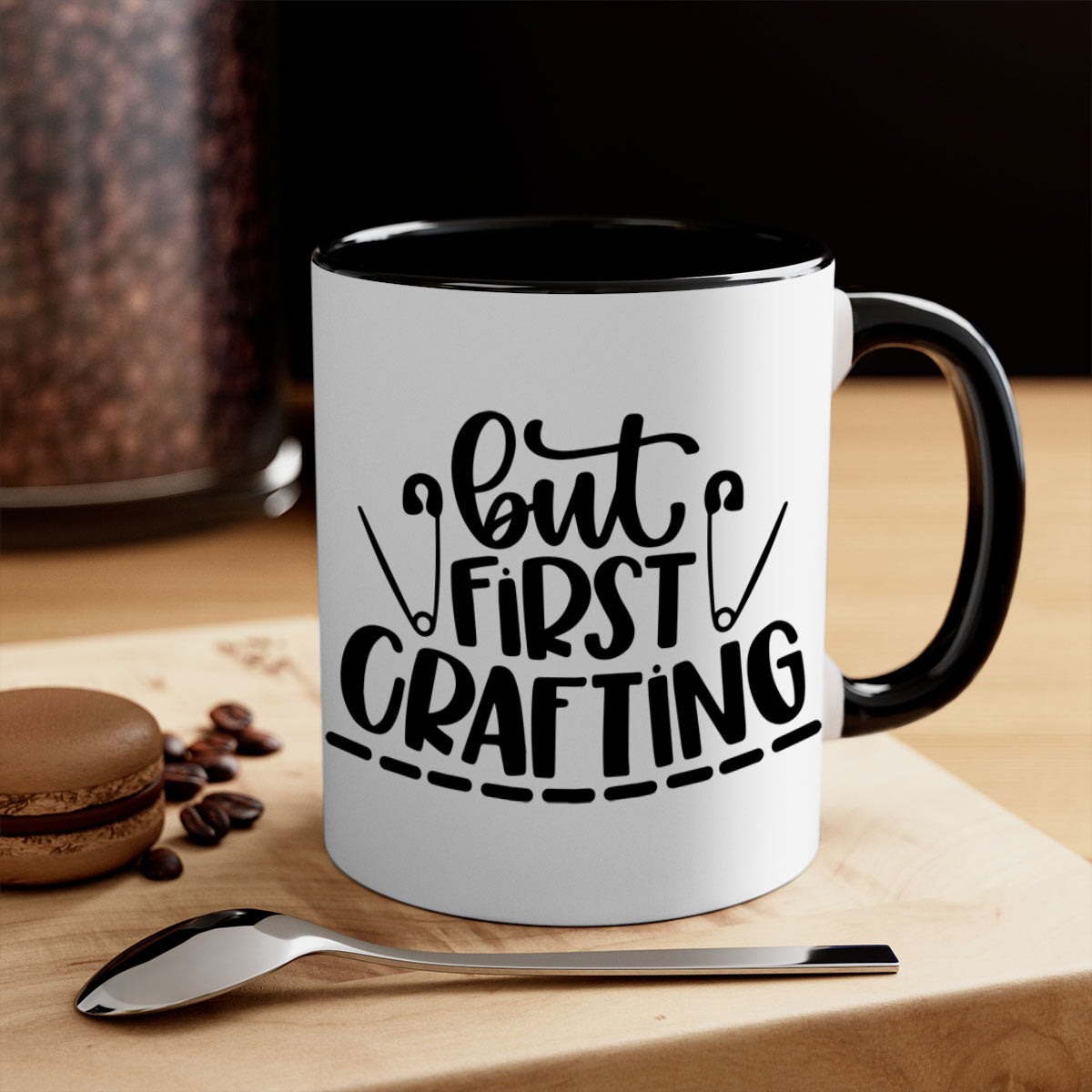 But First Crafting Mug featuring a two-tone design with a colored handle and glossy finish, available in multiple colors.