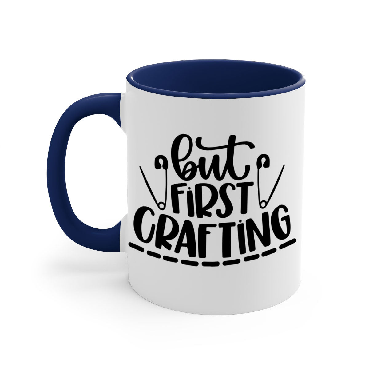 But First Crafting Mug featuring a two-tone design with a colored handle and glossy finish, available in multiple colors.