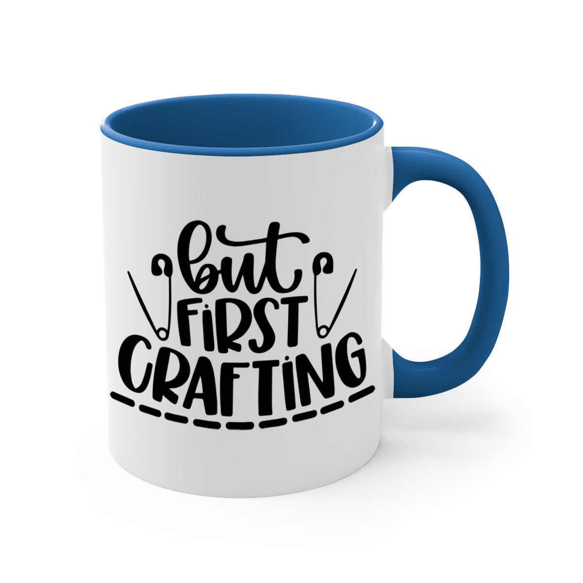 But First Crafting Mug featuring a two-tone design with a colored handle and glossy finish, available in multiple colors.