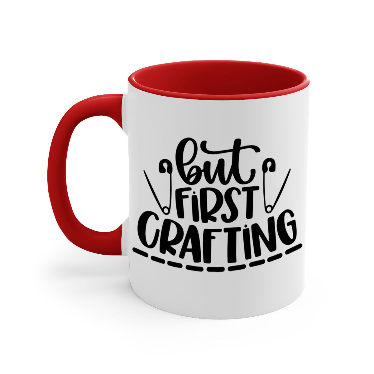 But First Crafting Mug featuring a two-tone design with a colored handle and glossy finish, available in multiple colors.