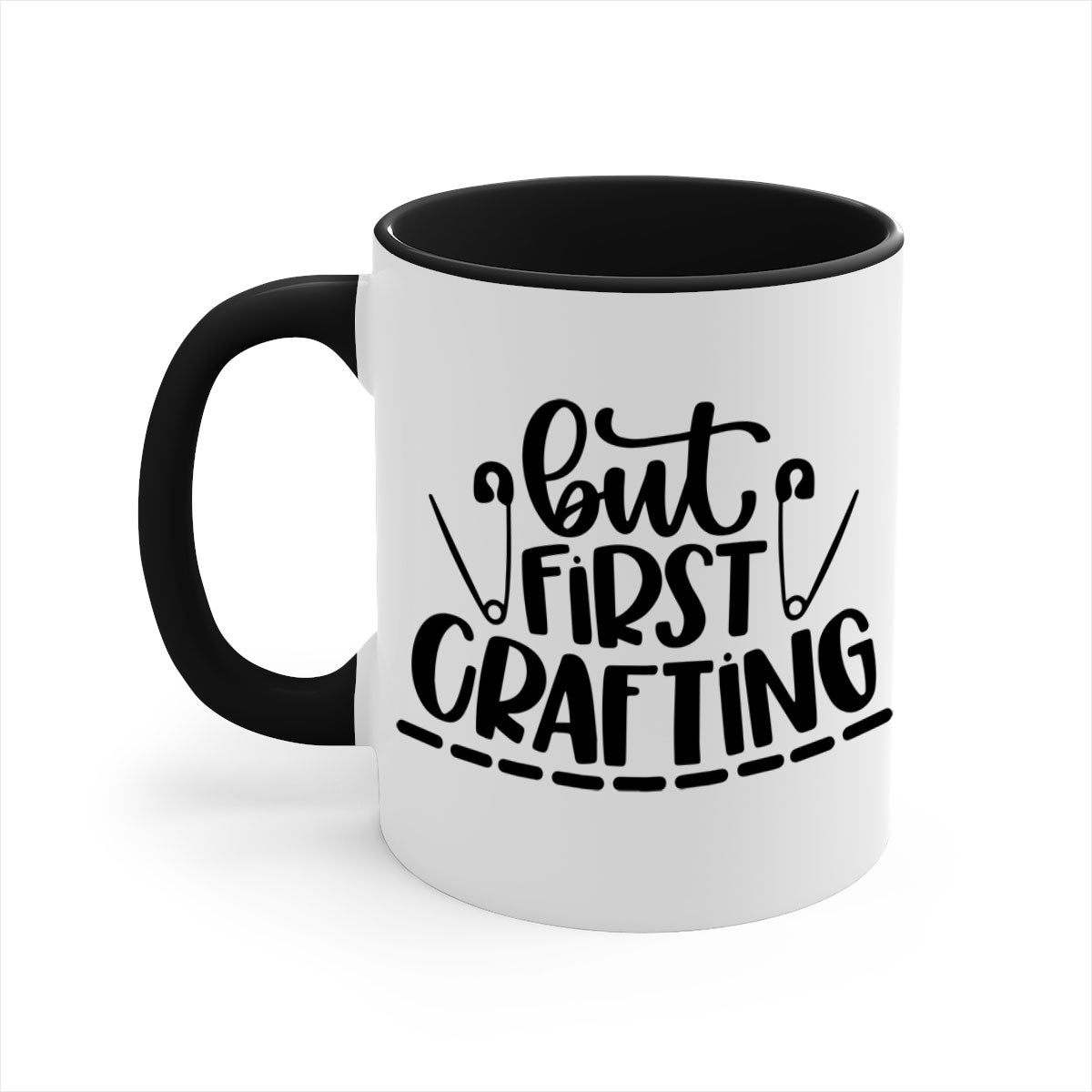 But First Crafting Mug featuring a two-tone design with a colored handle and glossy finish, available in multiple colors.