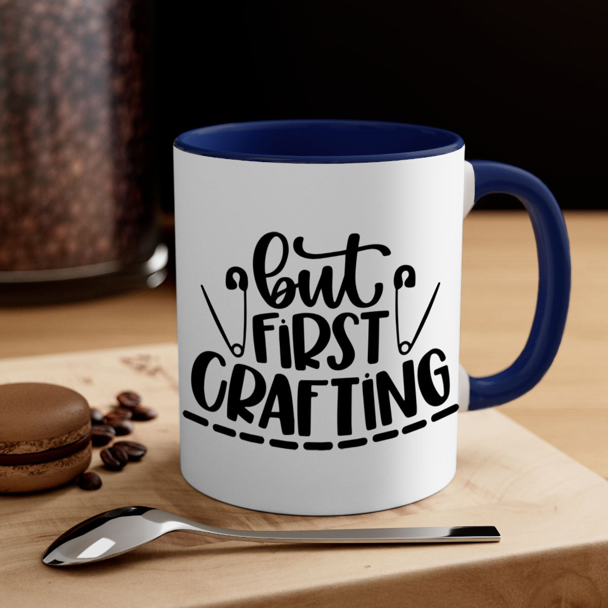 But First Crafting Mug featuring a two-tone design with a colored handle and glossy finish, available in multiple colors.