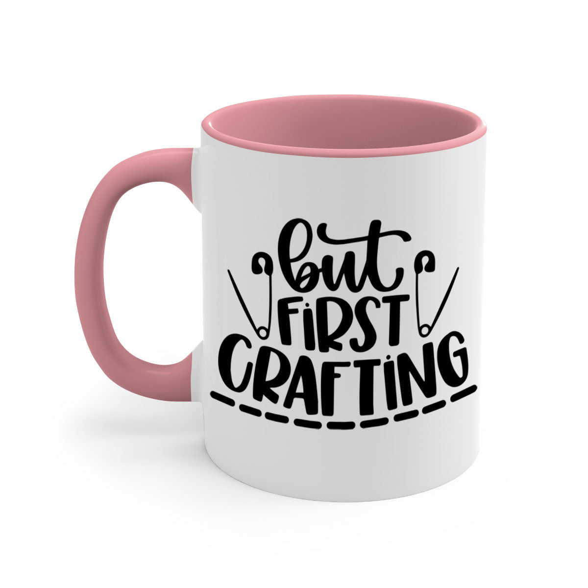 But First Crafting Mug featuring a two-tone design with a colored handle and glossy finish, available in multiple colors.