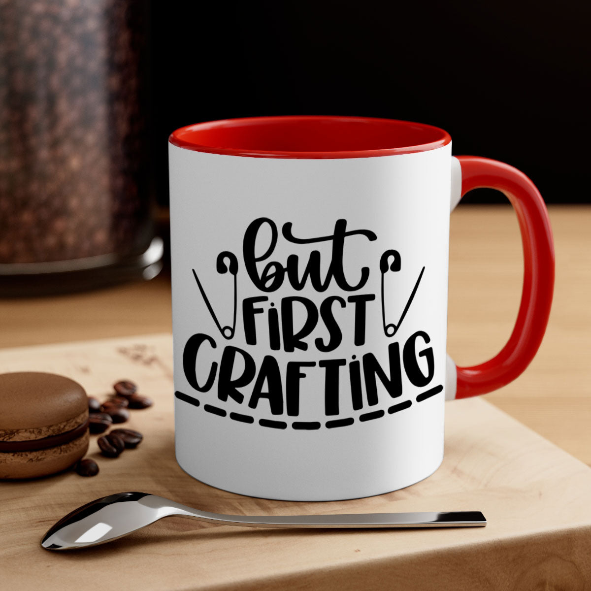 But First Crafting Mug featuring a two-tone design with a colored handle and glossy finish, available in multiple colors.