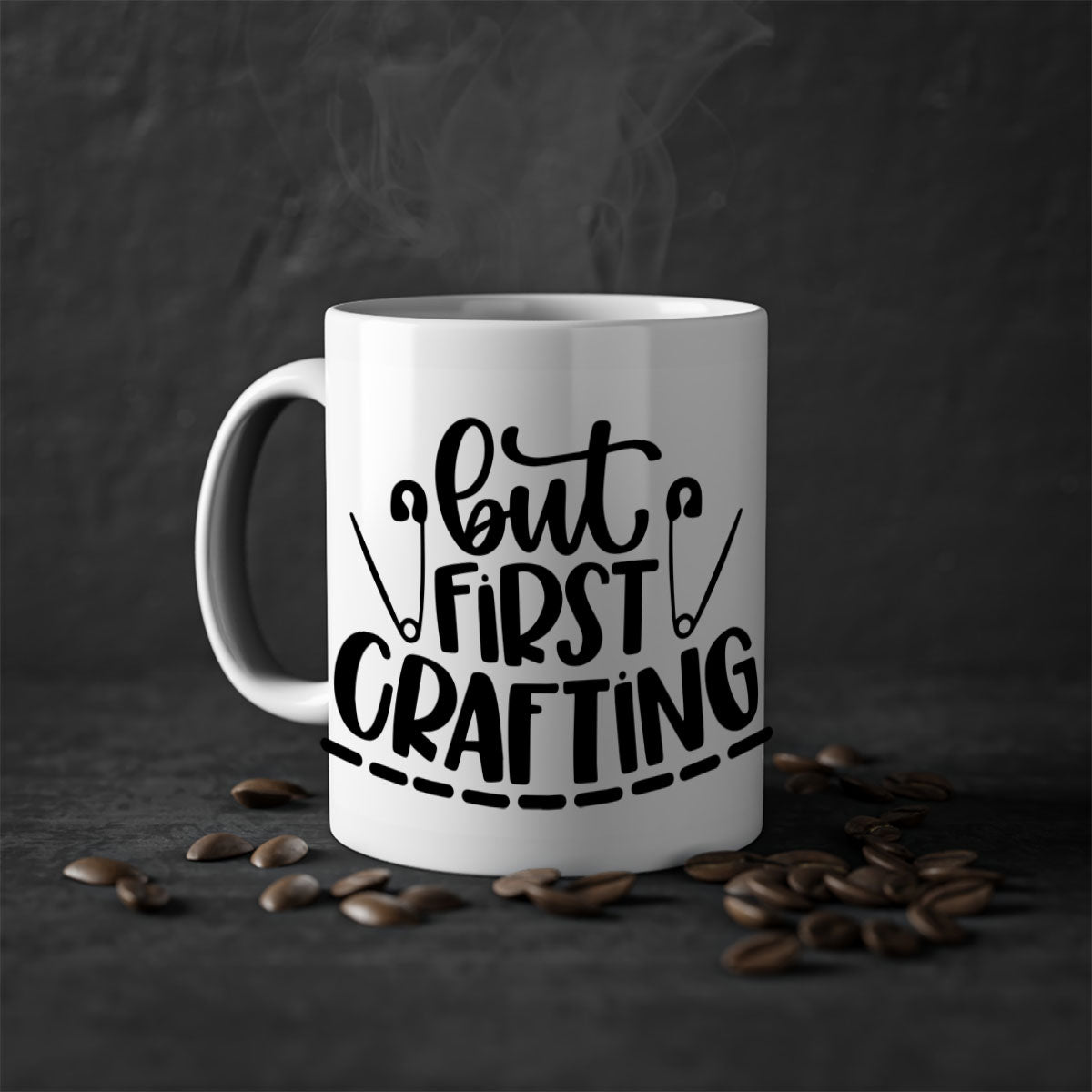 But First Crafting Mug featuring a two-tone design with a colored handle and glossy finish, available in multiple colors.