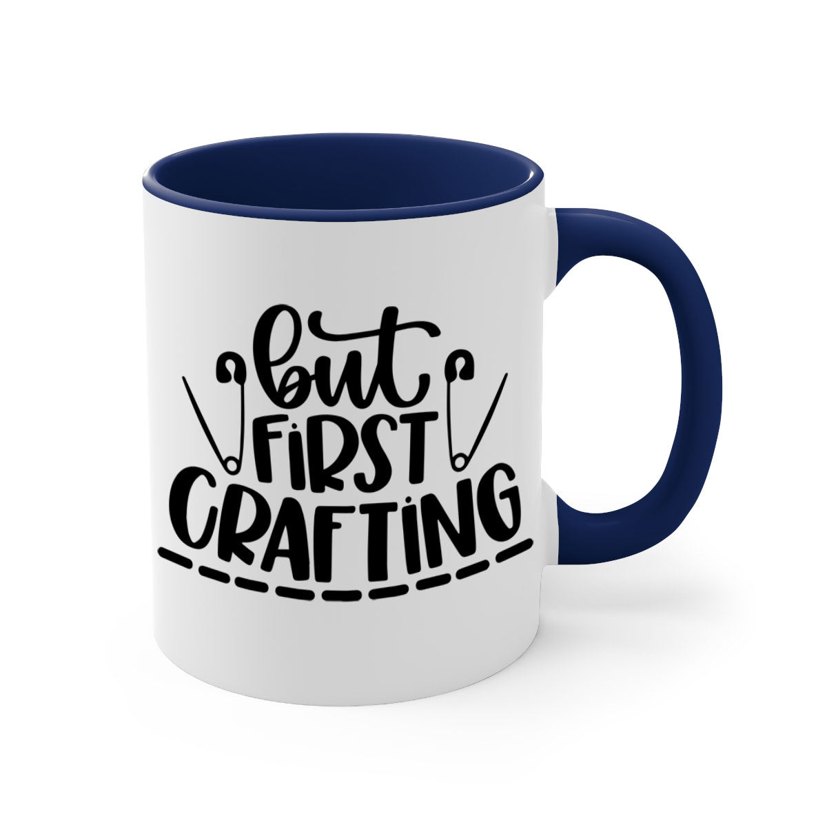 But First Crafting Mug featuring a two-tone design with a colored handle and glossy finish, available in multiple colors.