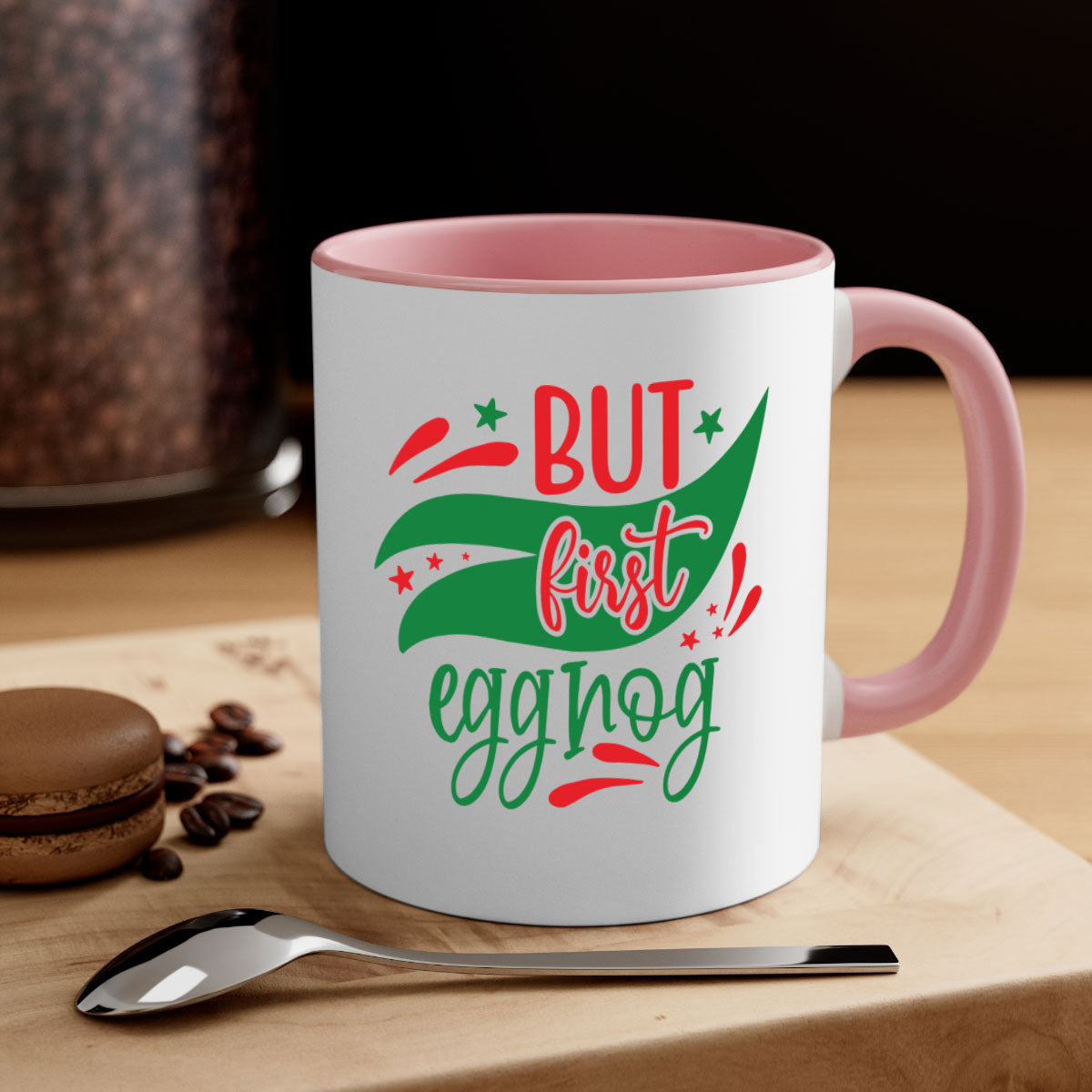 But First Eggnog style mug with a glossy finish, featuring a colored handle and interior, available in multiple colors.