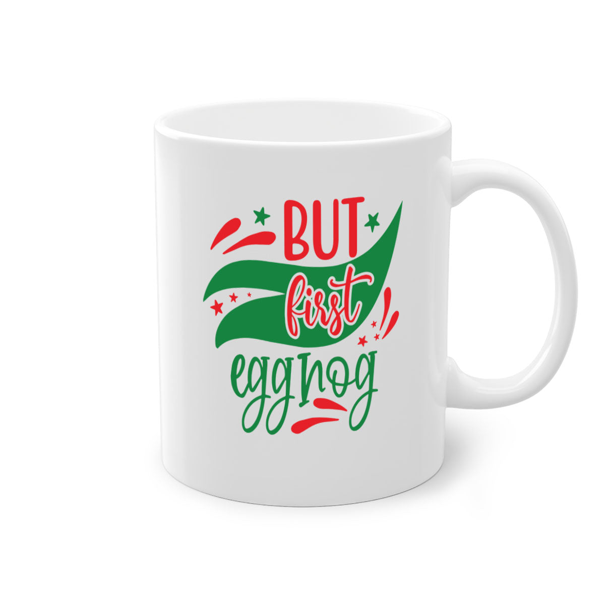 But First Eggnog style mug with a glossy finish, featuring a colored handle and interior, available in multiple colors.