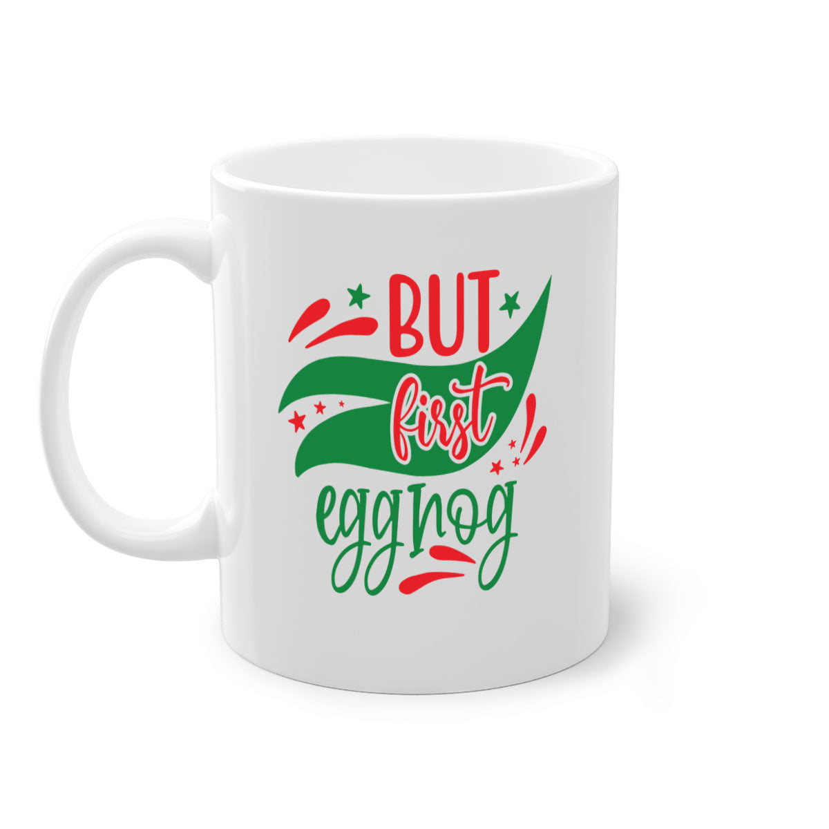 But First Eggnog style mug with a glossy finish, featuring a colored handle and interior, available in multiple colors.