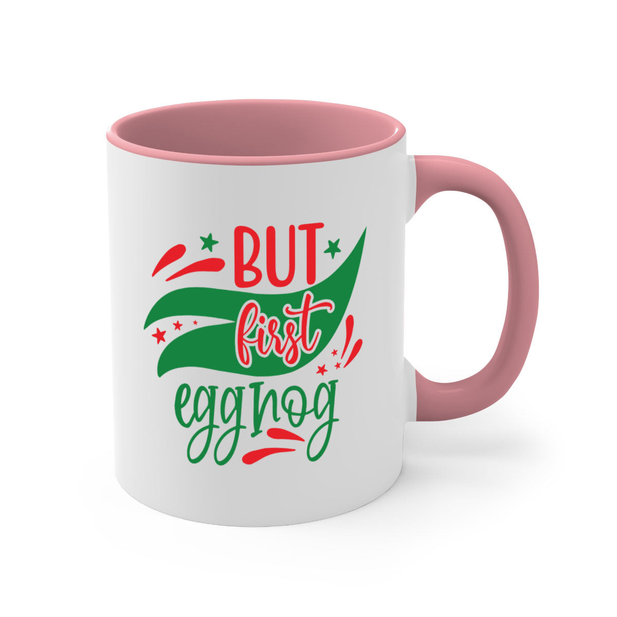 But First Eggnog style mug with a glossy finish, featuring a colored handle and interior, available in multiple colors.