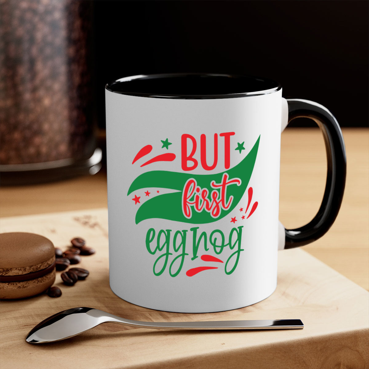 But First Eggnog style mug with a glossy finish, featuring a colored handle and interior, available in multiple colors.