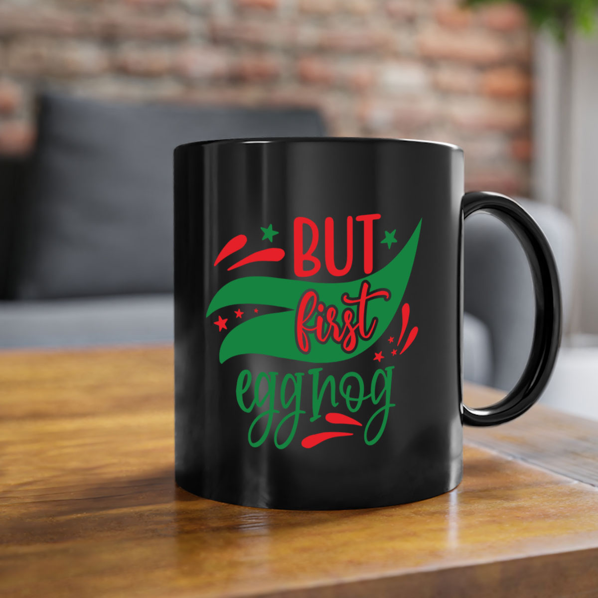 But First Eggnog style mug with a glossy finish, featuring a colored handle and interior, available in multiple colors.