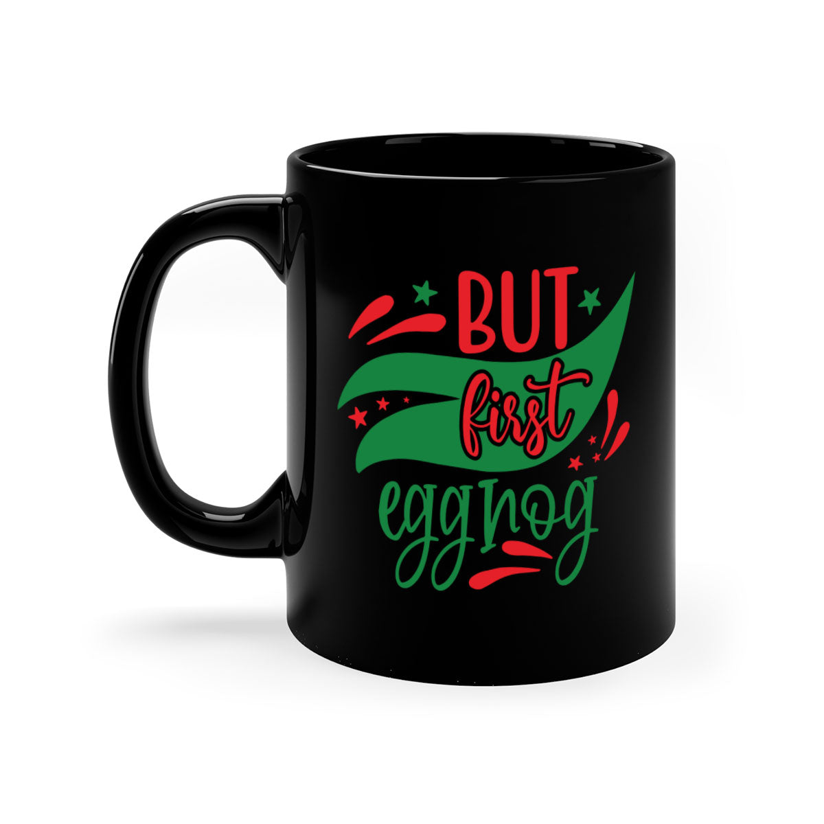 But First Eggnog style mug with a glossy finish, featuring a colored handle and interior, available in multiple colors.