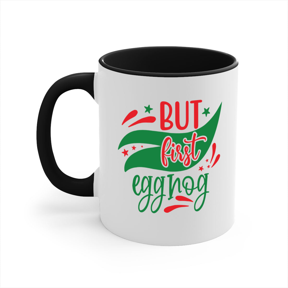 But First Eggnog style mug with a glossy finish, featuring a colored handle and interior, available in multiple colors.