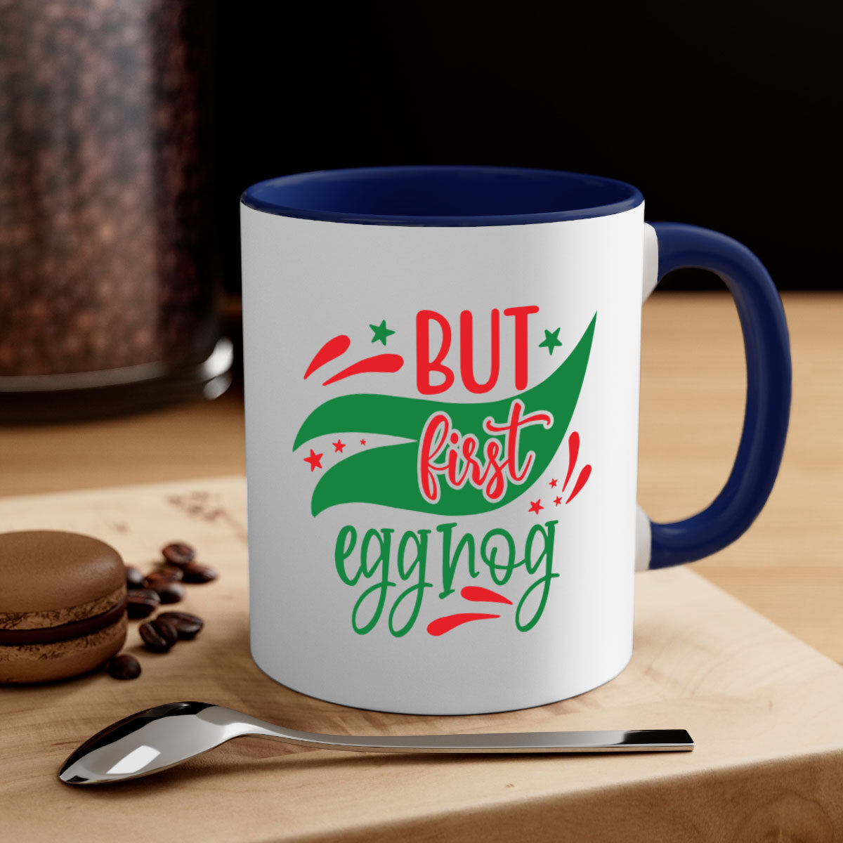 But First Eggnog style mug with a glossy finish, featuring a colored handle and interior, available in multiple colors.