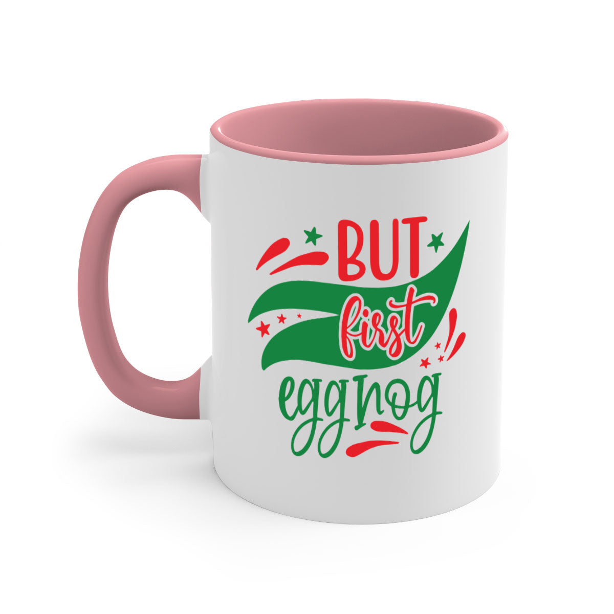 But First Eggnog style mug with a glossy finish, featuring a colored handle and interior, available in multiple colors.