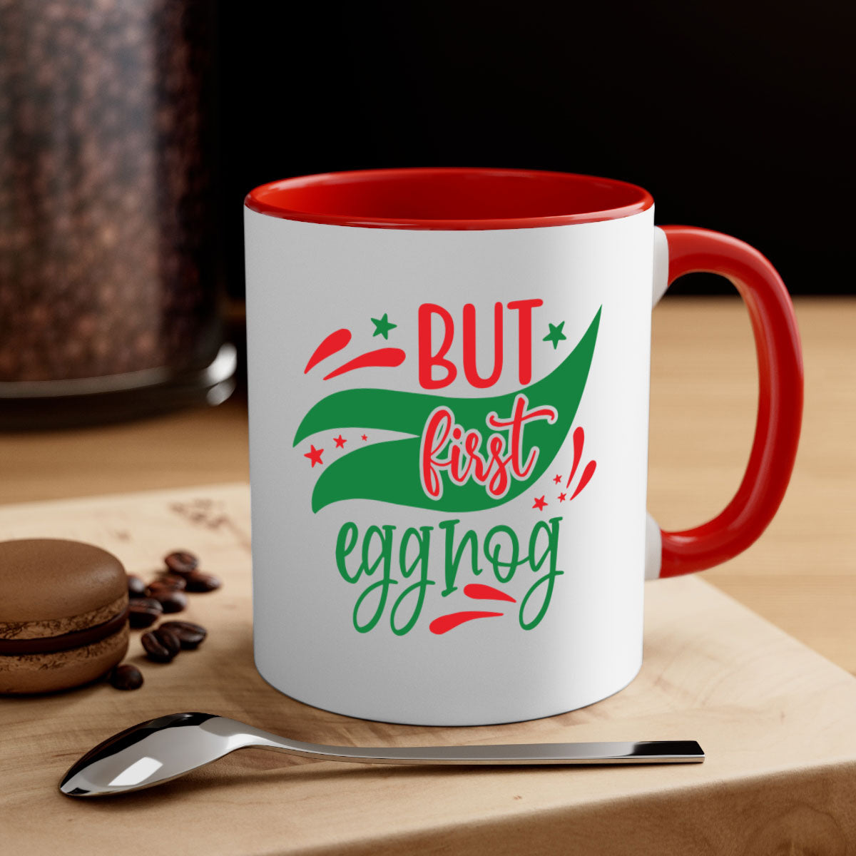 But First Eggnog style mug with a glossy finish, featuring a colored handle and interior, available in multiple colors.